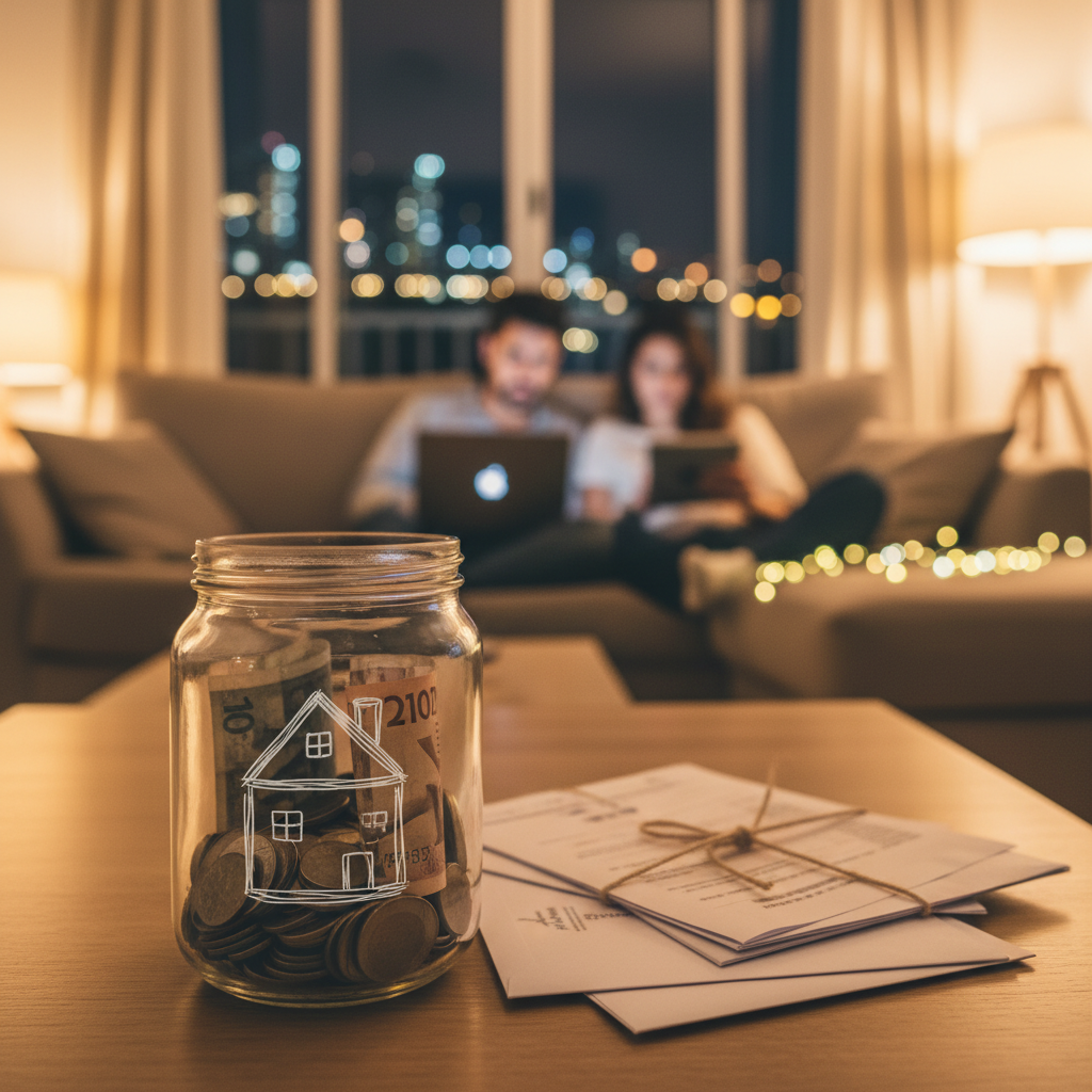 צנצנת חיסכון לבית בסלון דירה ישראלית עם זוג ברקע