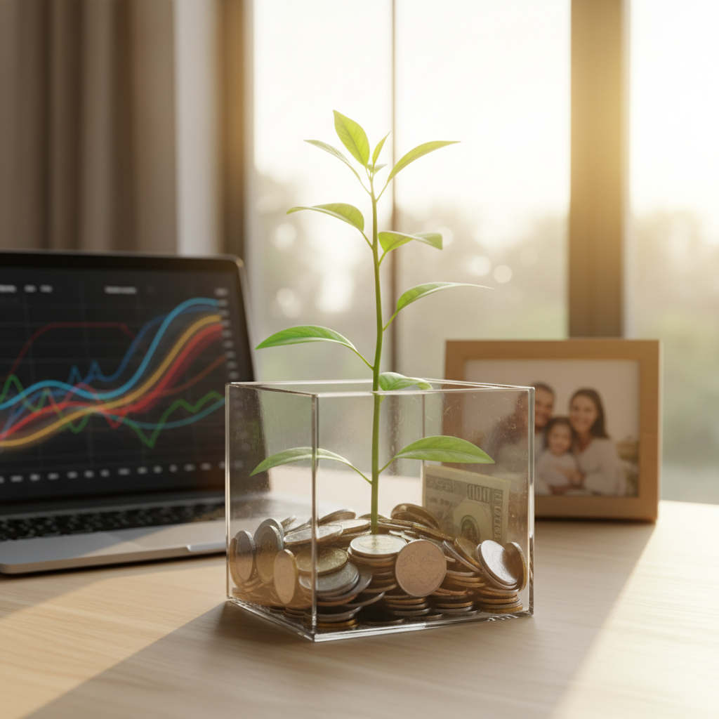 קופת זכוכית עם מטבעות וצמח מסמל צמיחה חיסכון