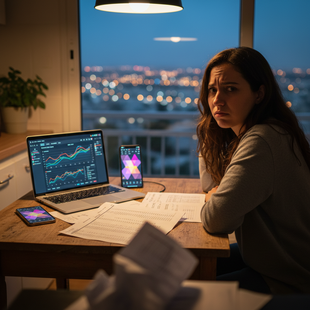 אישה בודקת מקורות מידע פיננסיים באפליקציה