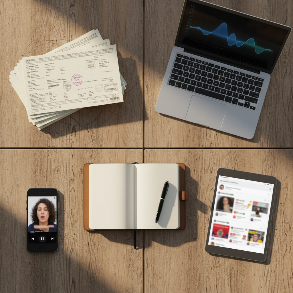 מבט מעל על שולחן עם מקורות מידע פיננסיים שונים