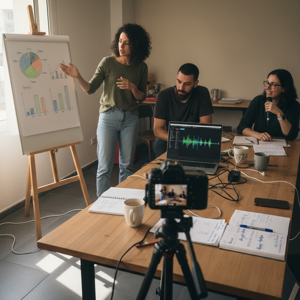 קבוצת ישראלים מצלמת סדנת תוכן על כסף בחלל עבודה משותף
