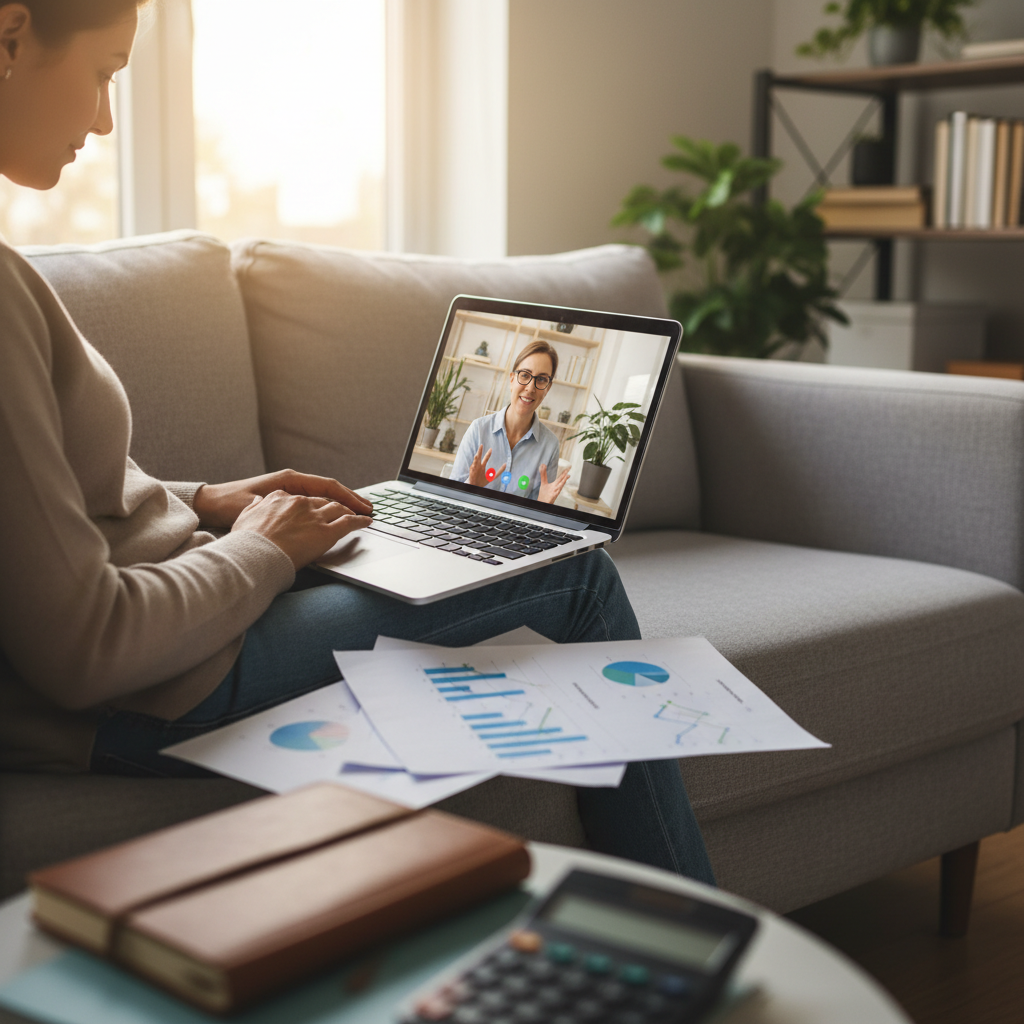 אדם על ספה בשיחת וידאו עם מתכנן פיננסי במחשב נייד