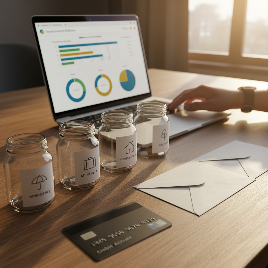 כרטיס אשראי, צנצנות חיסכון ומחשב עם תרשימי השקעות