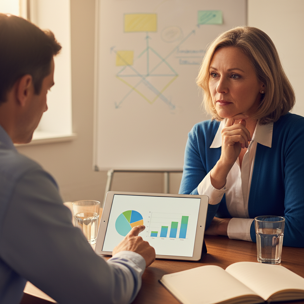 יועץ פיננסי מסביר ללקוח תמהיל השקעות ארוך טווח