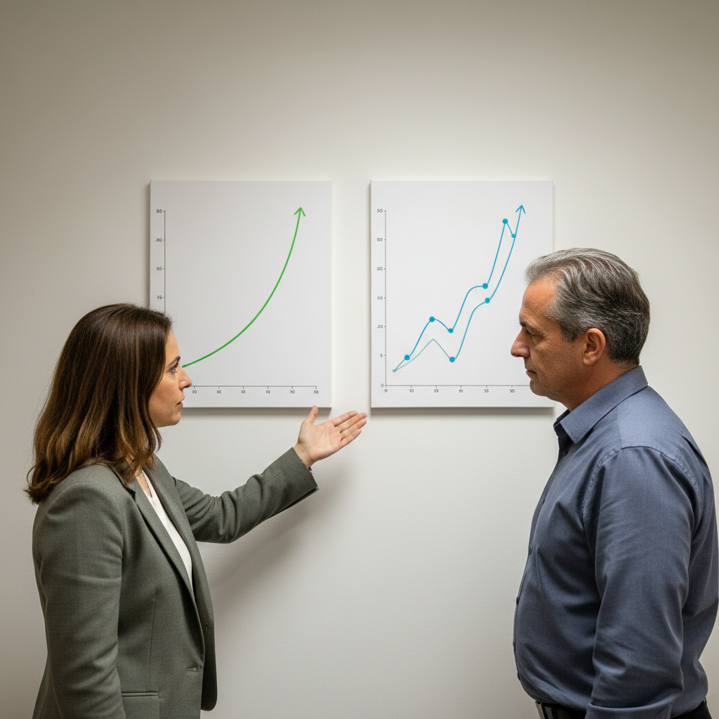 יועץ מסביר ללקוח גרפים של פנסיה ונזילות