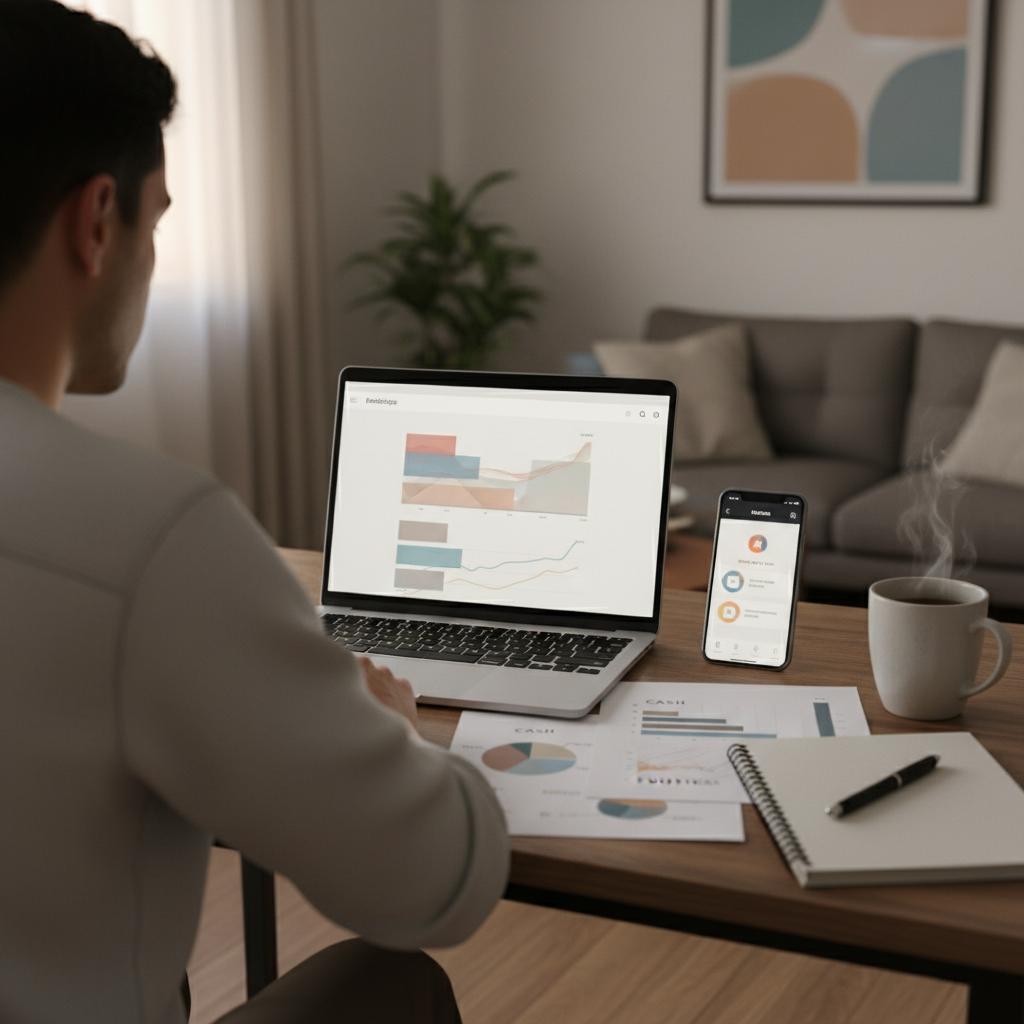 משקיע לומד איך פותחים תיק השקעות וצופה בנתוני שוק ההון