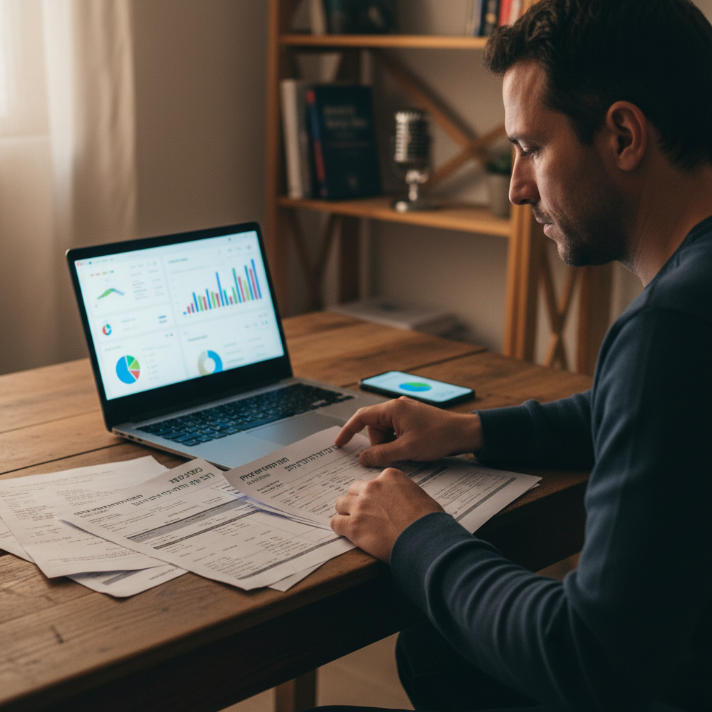 אדם שבוחן מקורות מידע פיננסיים ובונה תשתית ידע אישית