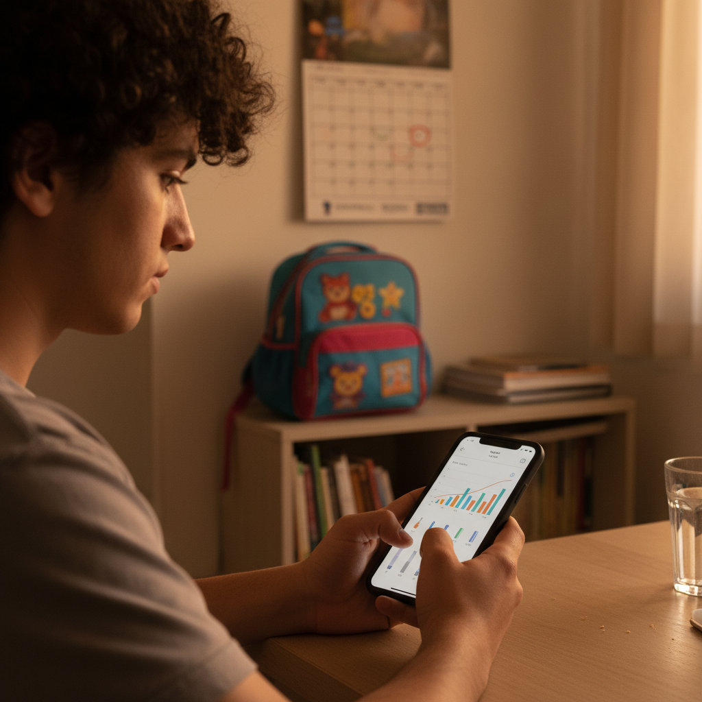 אדם מעדכן הוראת קבע בנייד בסלון ביתי