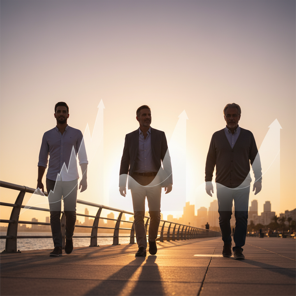 אדם בשלושה גילאים צועד בטיילת מול גרף חיסכון