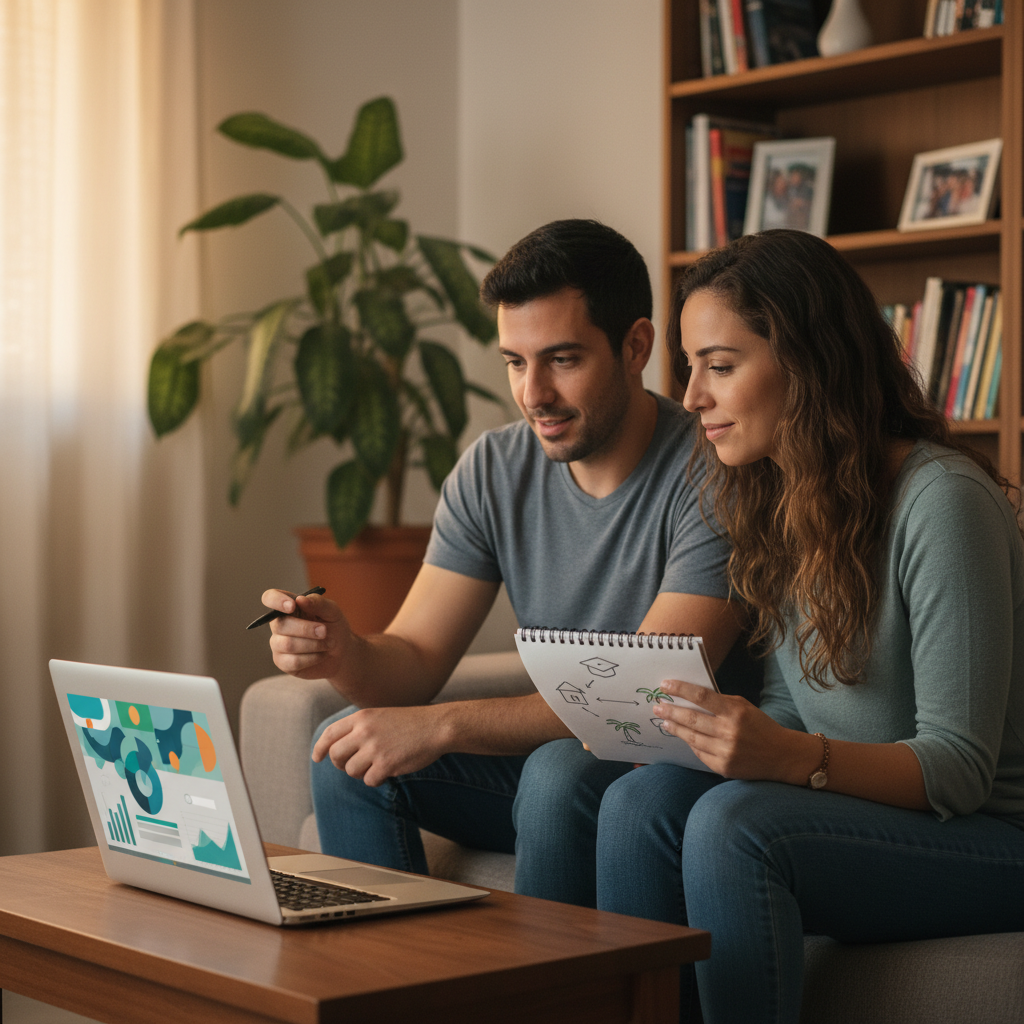 זוג ישראלי מתכנן מטרות פיננסיות יחד בסלון