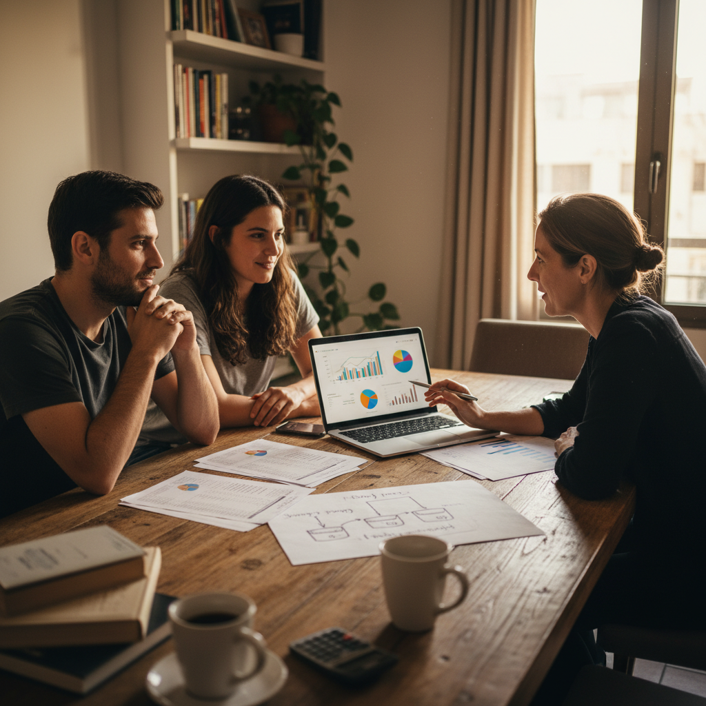 יועץ פיננסי מסביר ללקוחות על תכנון וניהול כסף