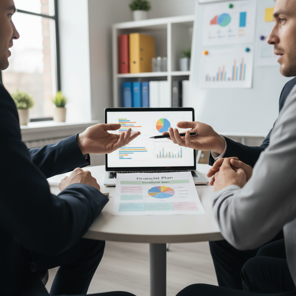צוות יועצים פיננסיים משוחח סביב תוכנית מודפסת