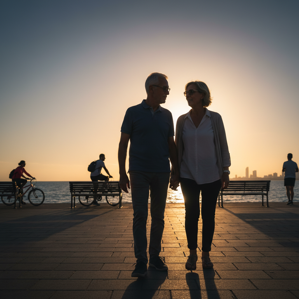 זוג מבוגר מטייל בטיילת ליד הים בשקיעה