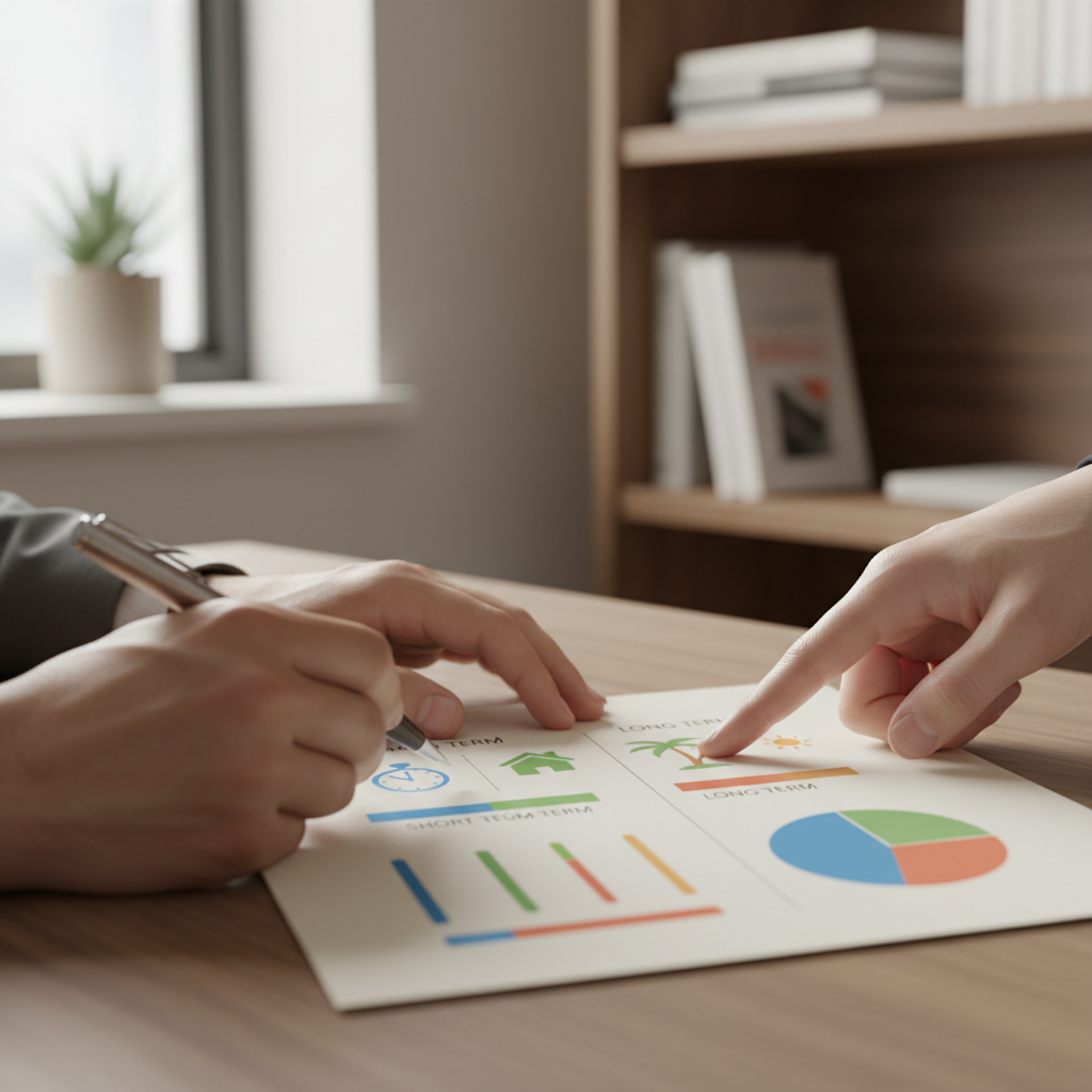 יועץ ולקוח מצביעים על תוכנית פיננסית מודפסת